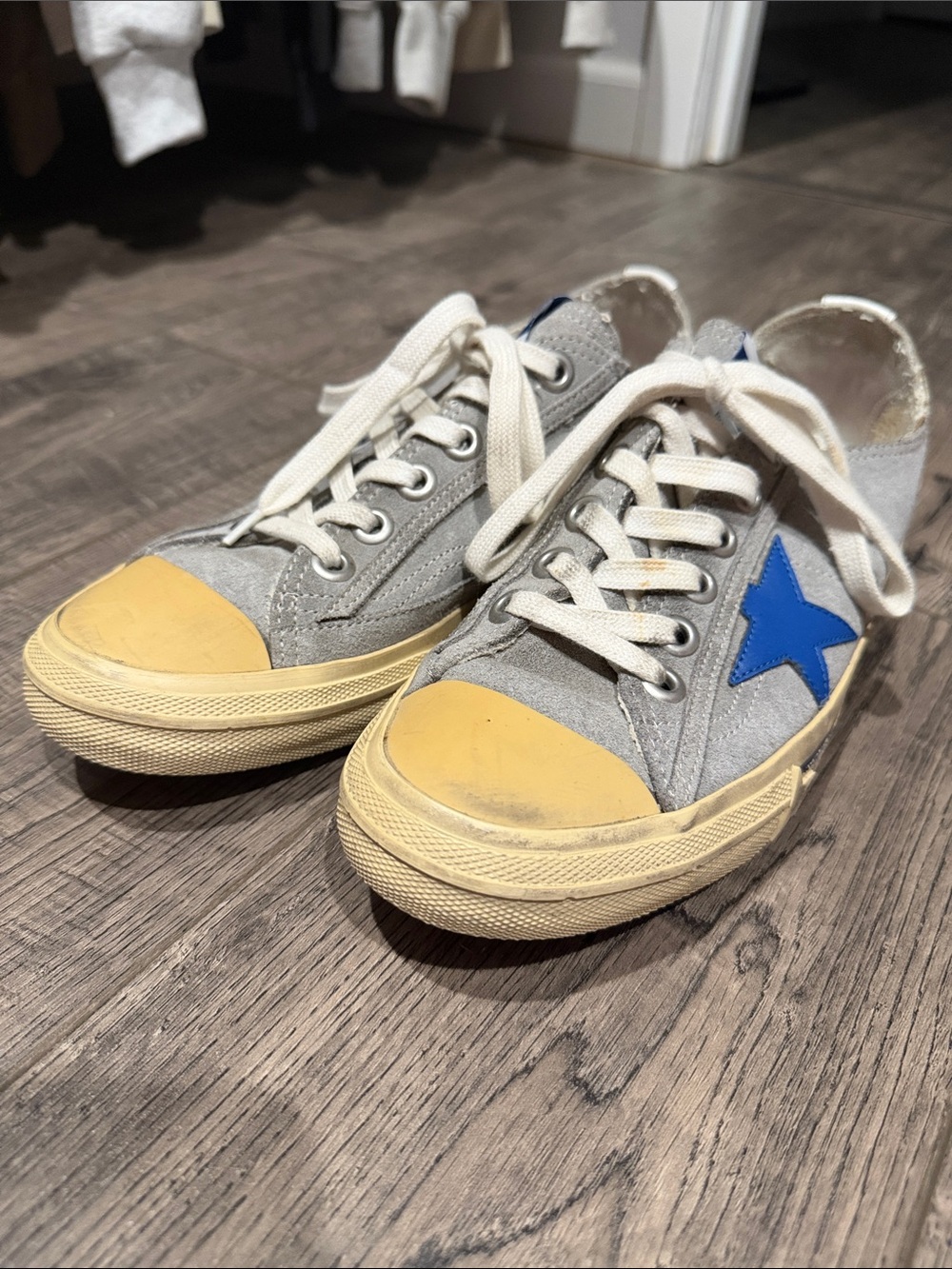 Golden Goose Grey Sneakers with Blue Star and Cream Accents